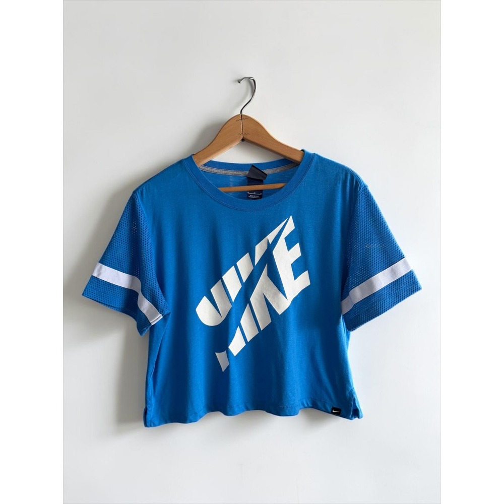 Nike Womens Blue Mesh Sleeve Graphic Logo Crop Top Shirt Medium
